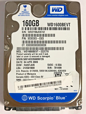 160 GB SATA NOTEBOOK FESTPLATTE WESTERN DIGITAL WD1600BEVT  2,5 ZOLL  #NFP21