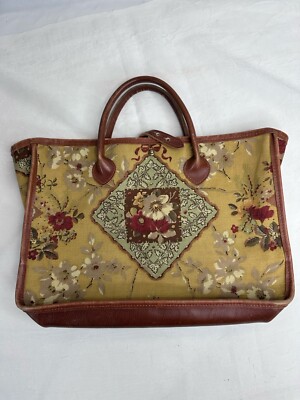 Vtg Colefax & Fowler Floral Tapestry Purse Bag Small Briefcase Laptop Leathe