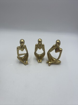 Gold Decor Thinker Statue Abstract Art Sculpture Set of 3 Golden Resin Figurines