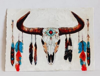 Cow Skull and Feathers ACEO Original Animal hand PAINTING by Leslie Popp