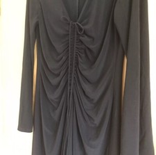 Vintage Linea Black Dress Size M 10 12 Ruched Front Bell Sleeves Sexy Classic
