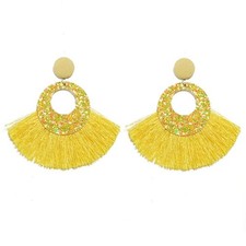 Yellow Tassel EARRINGS Hoop Womens BOHO Bohemian Charm Silk Thread