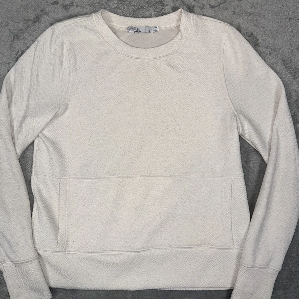 Prana Sweatshirt Womens Small Cream Pullover Sunrise Crewneck Pocket Textured - Image 2 of 4