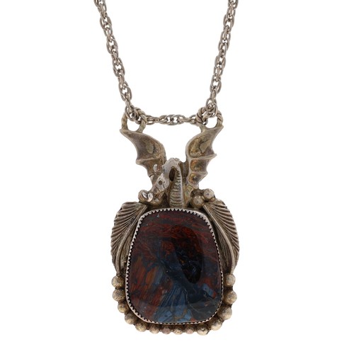Native American Gayle Two Hawks Jasper Dragon Solitaire Necklace 23"Sterling 925 - 第 1/7 張圖片