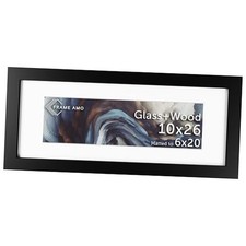 Solid Wood Poster Frame, White Mat for 6x20 Image, Tempered Glass 10x26 Black