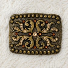 Vintage Western Rhinestone Belt Buckle Bronze Tone Scroll Filigree Cowgirl