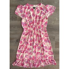 Talbots Pink Purple Floral Smocked Waist Ruffle Hem Dress Size 8 Short Sleeve