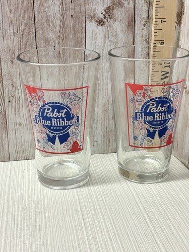 2 Pabst Blue Ribbon PBR Beer Pint Glass 1844 Logo 16oz Barware Clear FREE SHIP