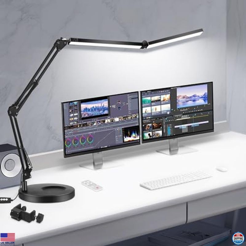 Toolour 2-in-1 LED Desk Lamp - Double Head Clip-On Light with Remote, Dimmable