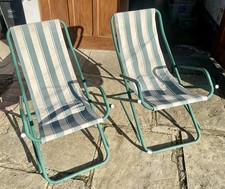 PAIR OF 2 VINTAGE GARDEN DECK CHAIR STRIPED FABRIC COATED STEEL METAL FRAMES