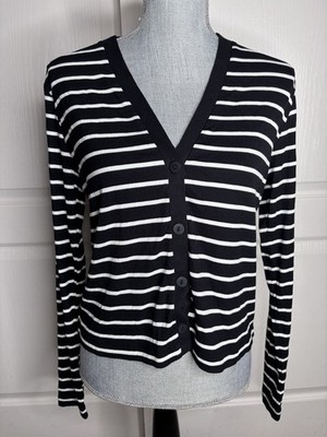 Ann Taylor Weekend Black Striped V Neck Long Sleeve Button Up Ribbed Top Size M
