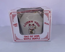 Chinese TakeOut Ceramic Ramen Noodle Bowl &Chopsticks BUNDLE/Set-LUCKY YOU! Cat