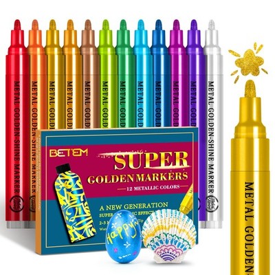 Metallic Paint Markers 12 Colors 2-3mm Medium Tip Glitter Pens for Rock Wood Art