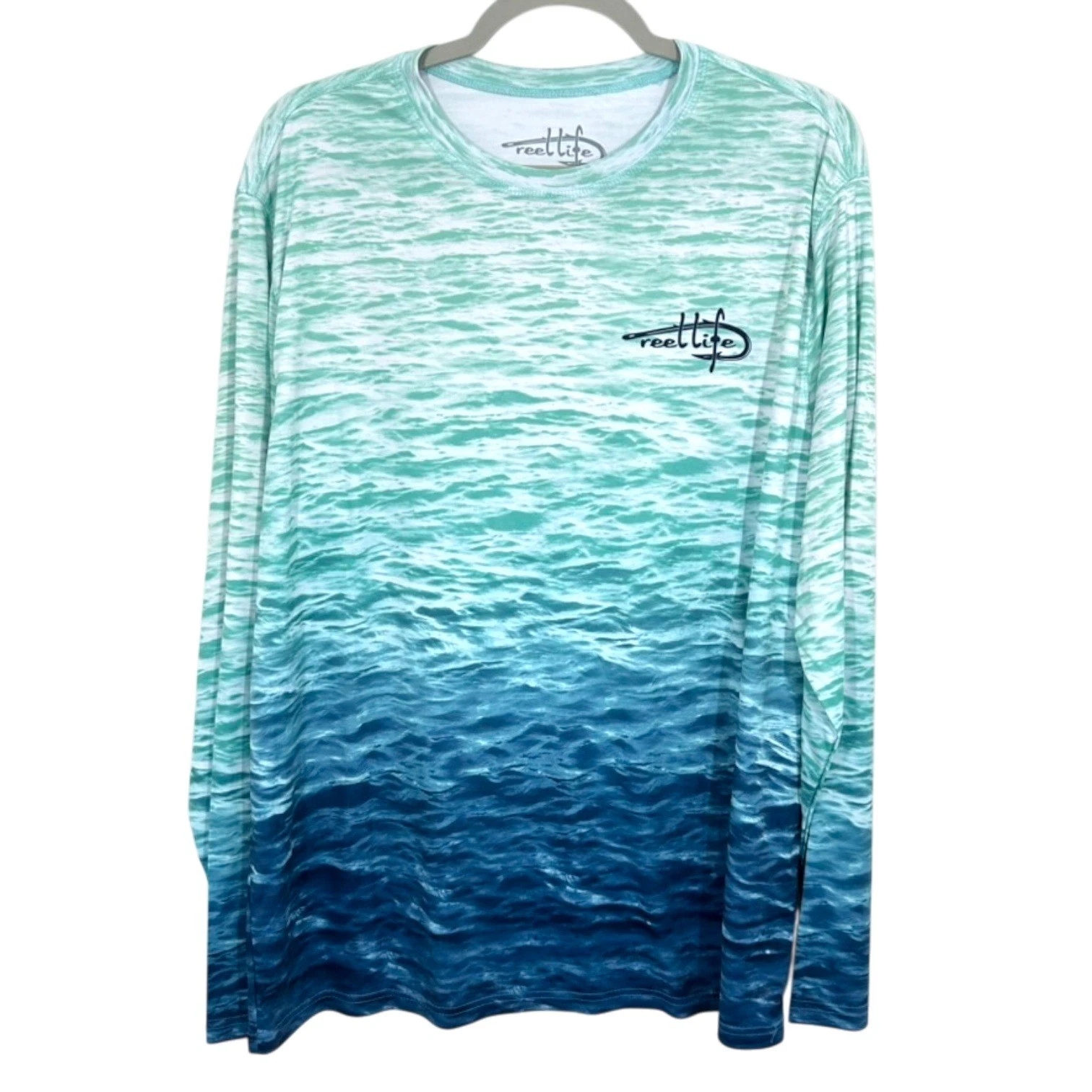 Reel Life Men's Long Sleeve Blue Green Water Print Performance Fishing Shirt XL