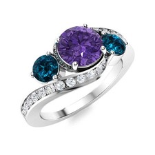 5MM Round Amethyst  London Blue Topaz 925 Sterling Silver Three Stone Ring