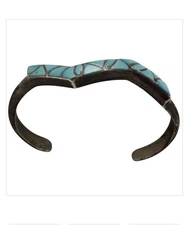 Astute ZUNI SIBERT&JANITA KALLESTEWA STERLING TURQUOISE INLAY CUFF BRACELET