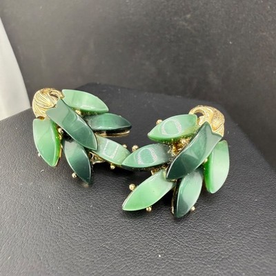 Vintage Lisner Clip On Earrings Gold Tone Green Thermoset