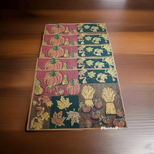 Fall Autumn 5 Fabric Tapestry Placemats Pumpkin Leaves Thanksgiving Farmhouse