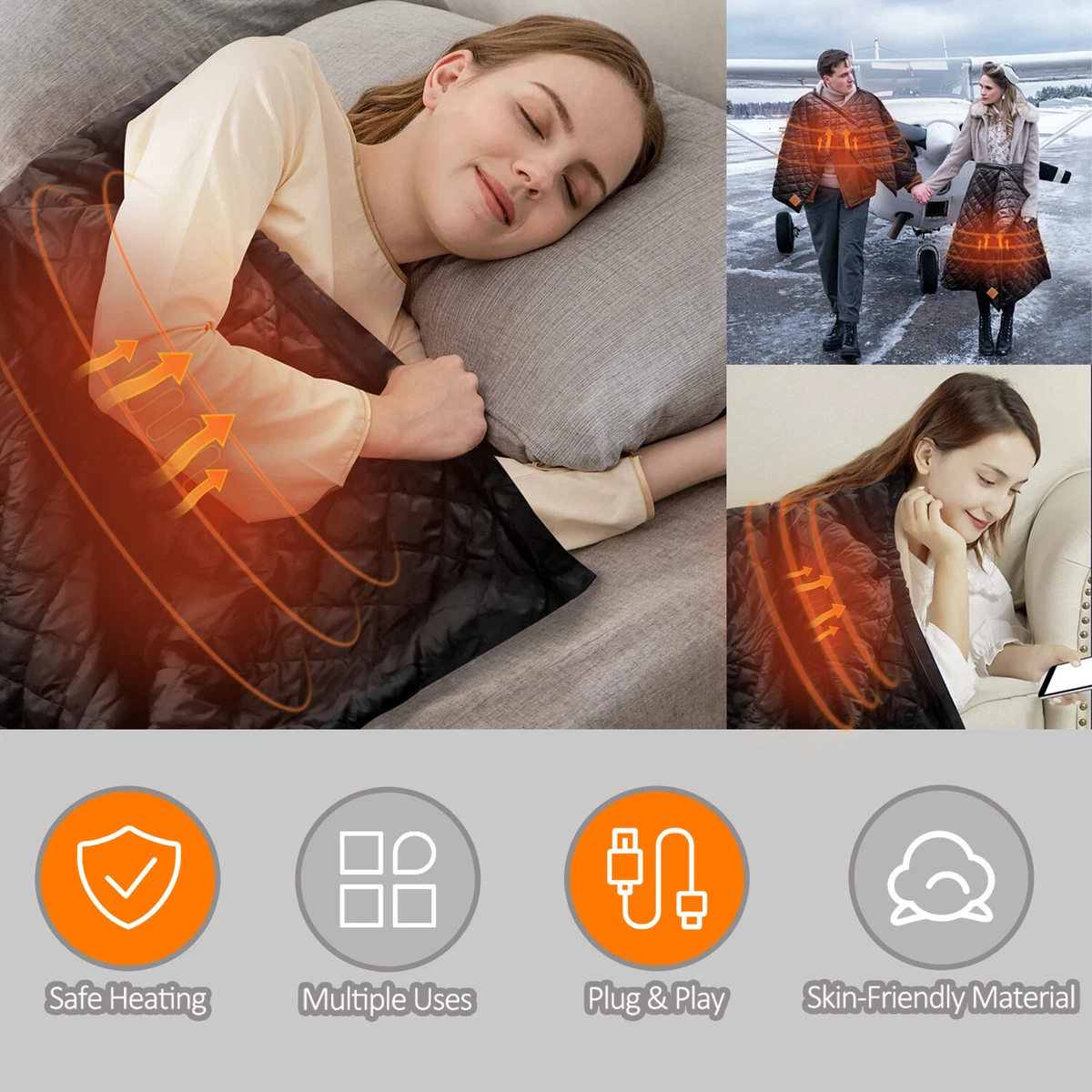 Portable Electric Heated Blanket Shawl Soft Winter Keep Warm Blanket USB  Control