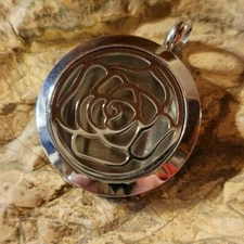 Locket Charm Pendant Stainless Steel Silver Cutout Ornate Flower Round  1"