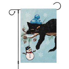 Welcome Winter Garden Flag 12x18 Double Sided, Burlap Small Snow Black Cat