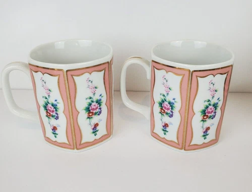 2 Vintage Hand Painted Flower Panels Lefton China Japan Coffee Cups Mugs 05000 