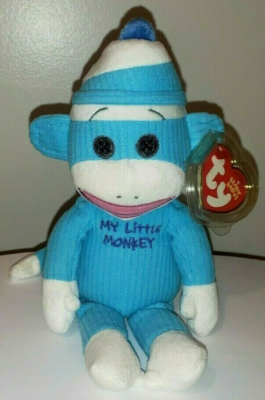Ty MY LITTLE Sock MONKEY BLUE (Boy) Beanie Baby MWMTs Plush