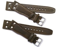 22mm 24mm Brown Nostalgic Leather AVIATOR Style Watch Band Silver Tone Buckle