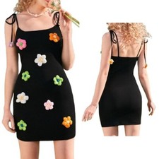 SHEIN Black Ribbed Dress SMALL NWT Multicolor Floral Applique Spaghetti Straps