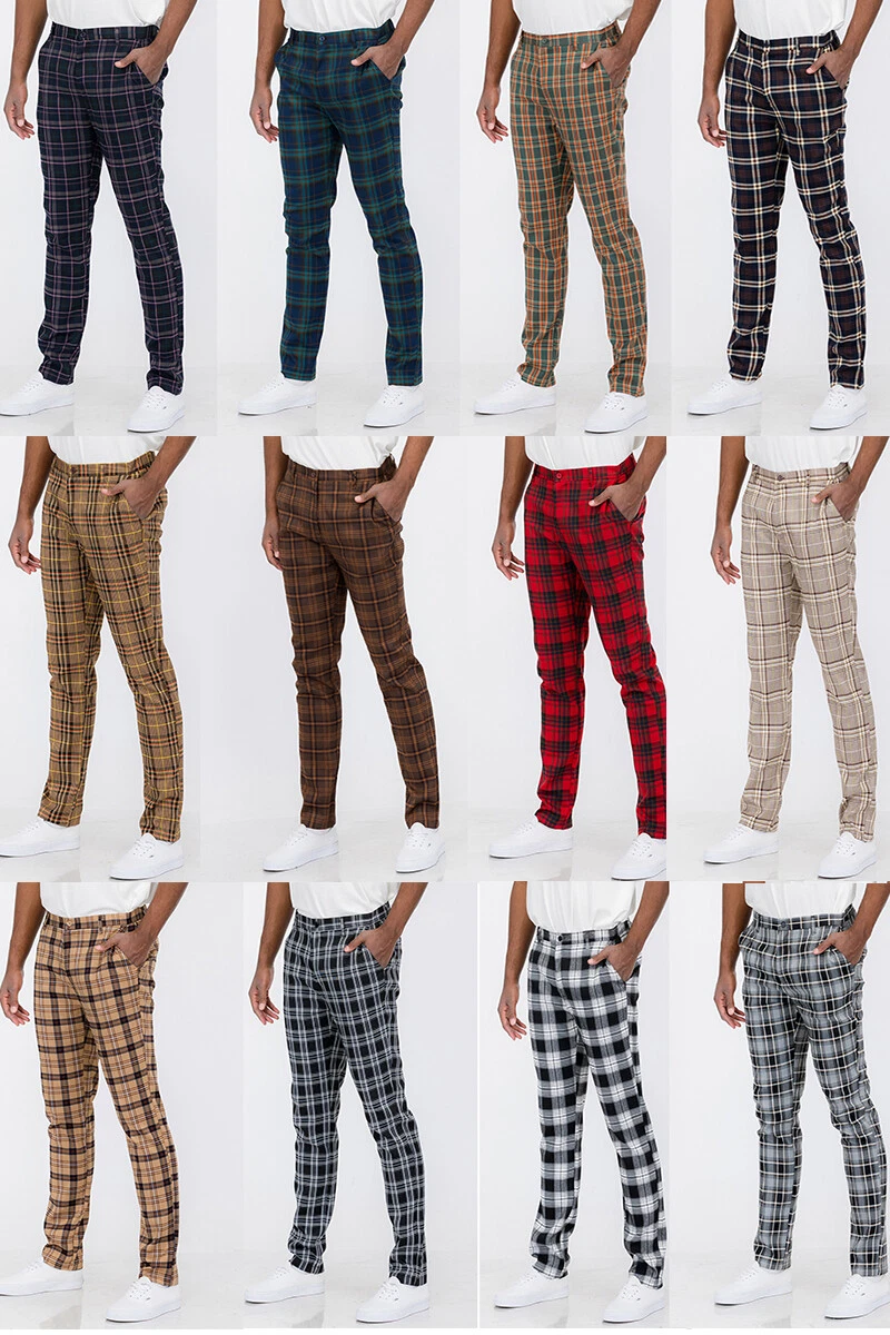 Mens Slim Plaid Checkered Pants Stretch Casual Work Pants Trousers