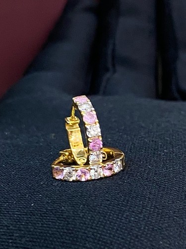 0,70 Cts Rotondo Naturale Diamanti Zaffiro Rosa Cerchio Orecchini 18K Oro giallo - Foto 8 di 13