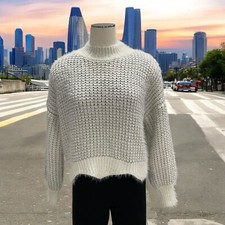 Textured Knit Oversized Sweater S/M White Soft Fluffy Cozy Winter Boho Minimal