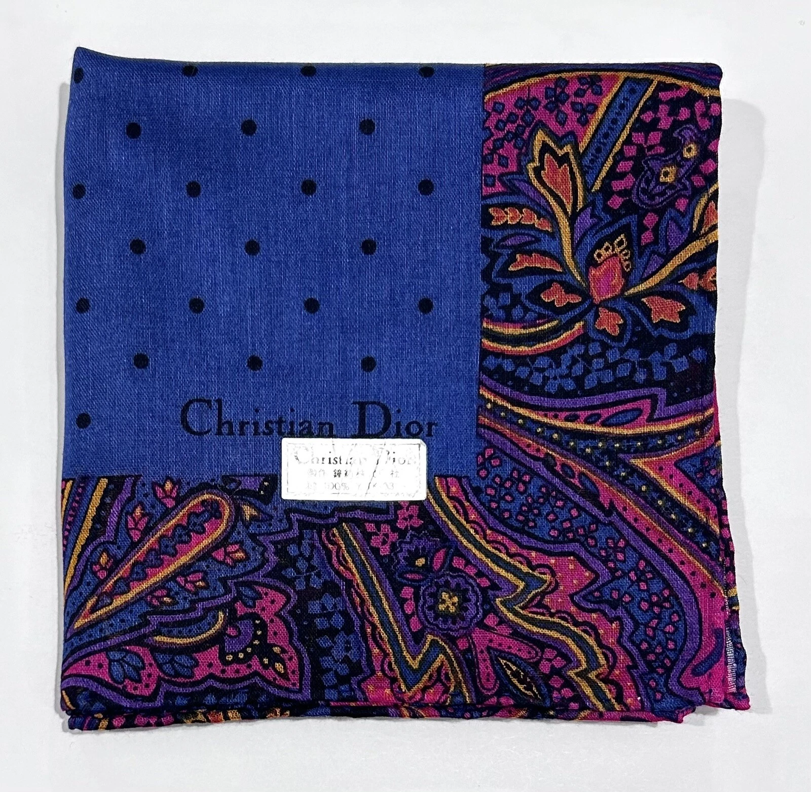 MOUCHOIR FEMME CHRISTIAN DIOR POIS BLEU POCHE COTON CACHEMIRE CARRÉ 17”