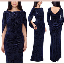 NWT 309 Betsy  Adam  8  Cape Sleeve Burnt Velvet Sheath Gown in Blue J825