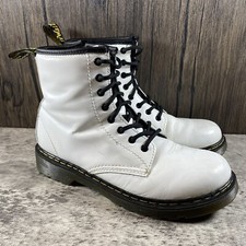 Dr Doc Martens 1460J Combat Boots White Leather Lace Up Side Zip Youth US 4M /5L