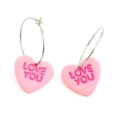 Pair Heart Pink "Love You" Hoop Earrings Handmade