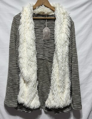 Hem & Thread Black & Grey Long Sleeve Cardigan With Fur Trim Womens Medium NWT 