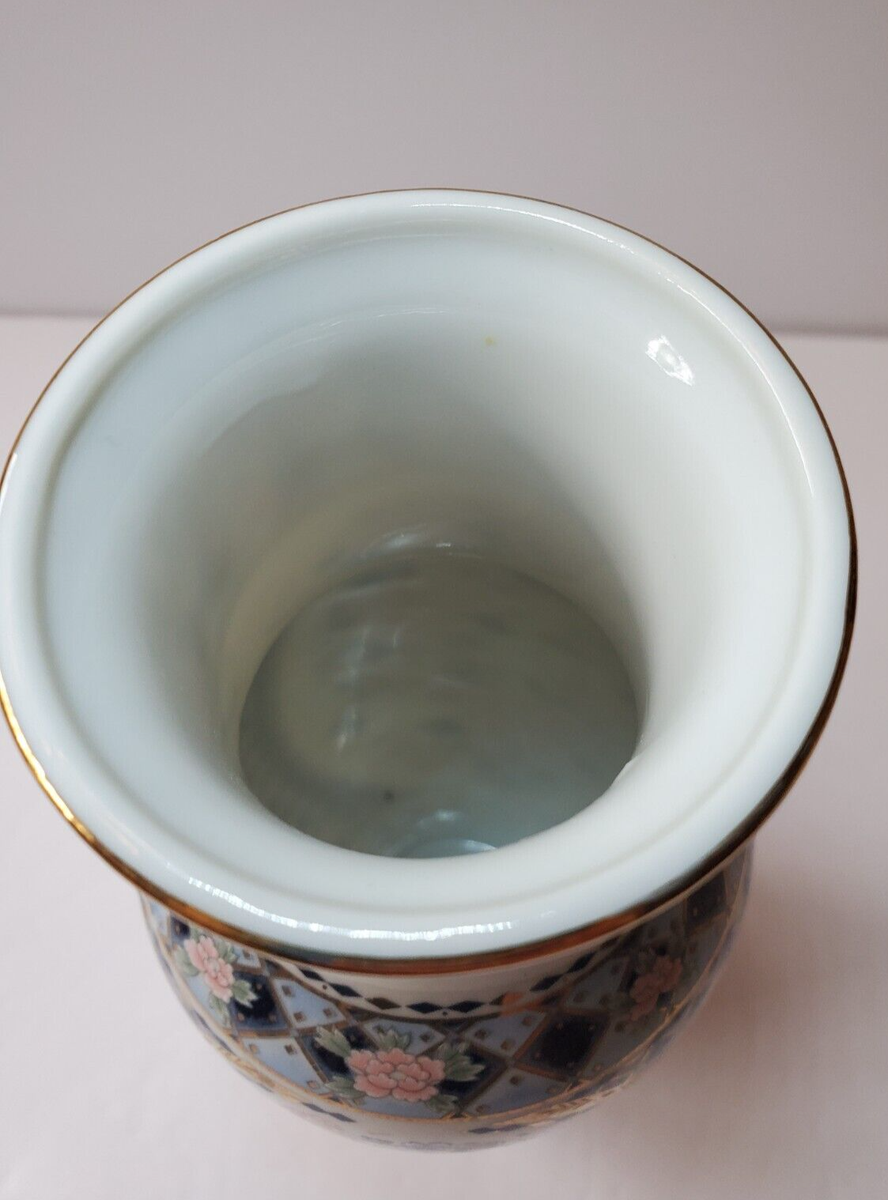 Japanese Vase Regal Tile Blue Gold Trim Accents Pink & Blue