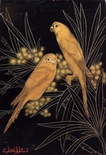 Stampa pappagalli dorati - Gaston Suisse 1926 - illustrazione esotica Art Deco uccellino
