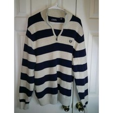 CHAPS Navy Blue Cream Striped Quarter Zip Pullover Sweater Nautical Style