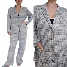 70s Womens Leisure Pant Suit Plaid Beige Straight Leg Disco Retro Sz XL Office