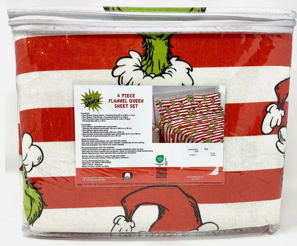 Dr Seuss THE GRINCH Queen Size Cotton Flannel Sheet Set  Christmas (cozy & warm) - Image 4 of 4