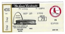 9-25-1998 ST LOUIS CARDINALS Baseball Season Ticket MARK McGWIRE  Home Run #66