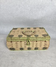 Vintage Wicker Woven Sewing Box Basket Green Satin Ratan Japan 9" See Photos 