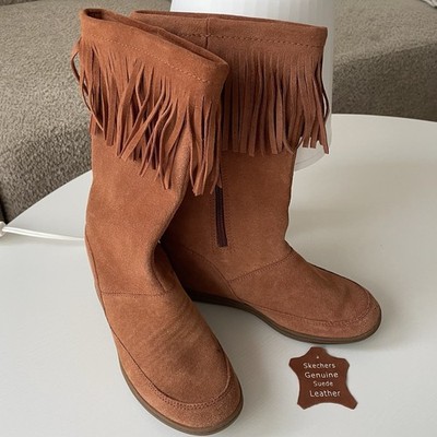 SKECHERS SKCH +3 Women s Brown Suede Fringe Mid-Calf Wedge Zip Boot 5.5