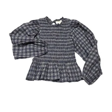 The Great Smocked Peplum Plaid Blouse Top Ruffle Trimmed Women's Size 3 = US L