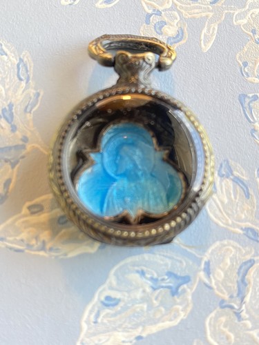 French Antique Blue Enamel Medal Of Jesus In Locket Pendant. Christian Locket.