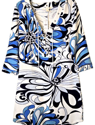 Boston Proper Terry Dress Cover Up Medium Grommet Floral Blue Beach Coastal NEW