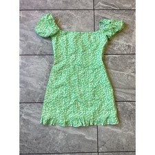 Zara Green Daisy Floral Linen Blend Smocked Puff Sleeve Mini Dress XS