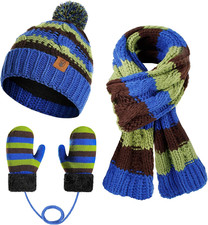 Kids Winter Pompom Beanie Hat Scarf Gloves Set for Boys Girls Age 3-8, Fleece Li